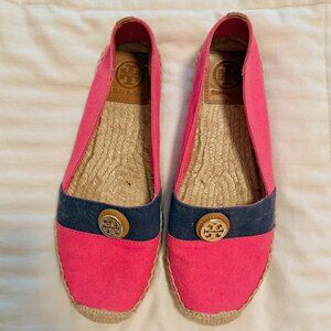 Tory Burch Beacher Flat Espadrille Canvas/Vegan Leather Pink Navy Tan Size 8